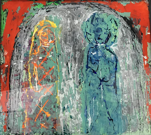 His Devotion to Her. Acrylic on Glass. 35cm x 35cm (2010) (Cat. 0023). (SOLD) (Prints Available)